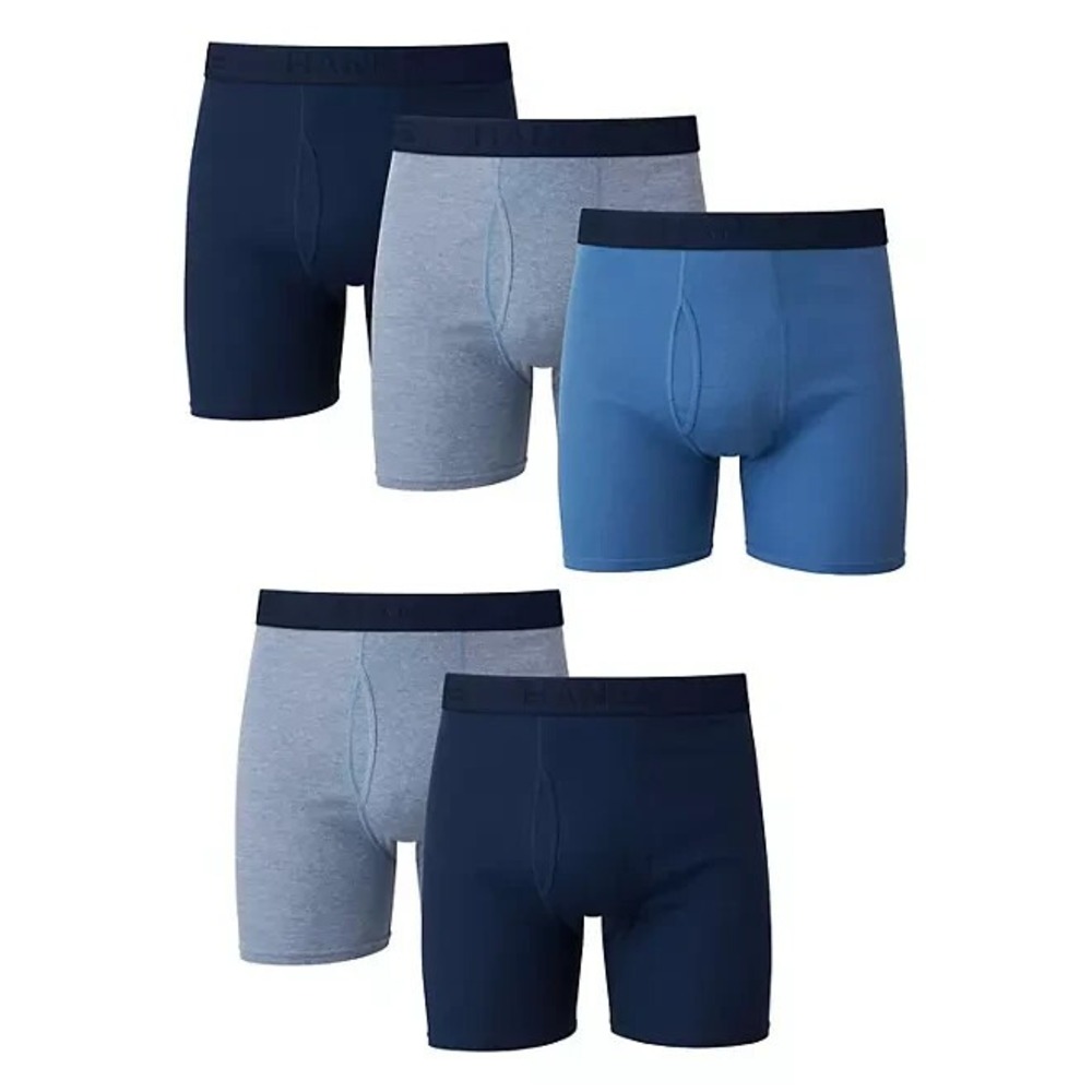 NWT Hanes Mens 5-Pack Best Boxer Brief Size L Blue Assorted Cotton Underwear